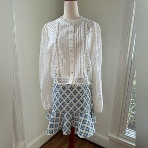 SANDRO NWT Mafalda Monogram Logo Denim Embroidered Flounce SkirtSz 38